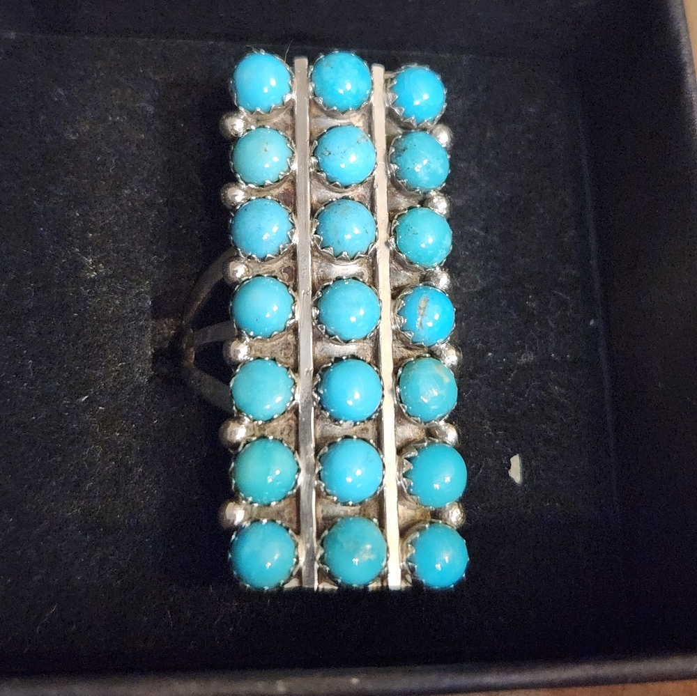 Kingman Turquoise Sterling Silver Ring By Native Artist Signed & Stamped